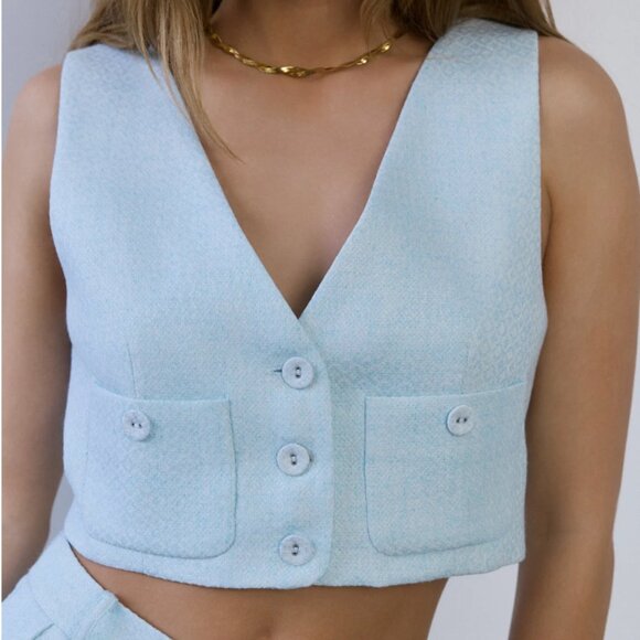 Hello Molly Cropped Vest Top - Light Blue - Picture 1 of 7